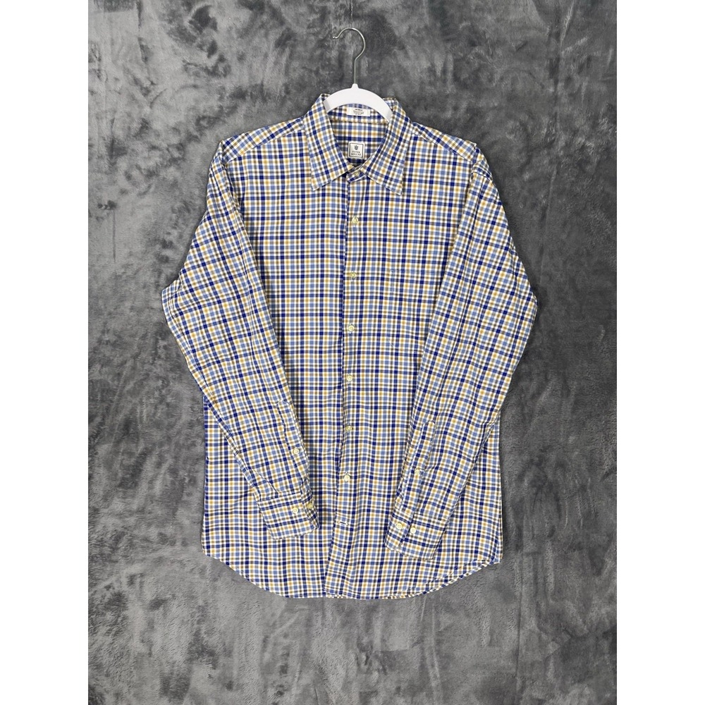 Peter Millar Mens Medium Blue Gold Plaid Cotton Long Sleeve Button Down Shirt